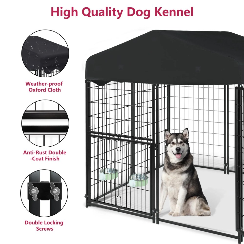 Jhsomdr Outdoor Dog Kennel, 4.2ft x 4ft x 4.5ft Welded Wire Dog Cage Dog Crate with Rotating Feeding Door and Bowls, Heavy Duty Large Dog Kennel Dog Run Enclosure with UV-Resistant Oxford Cloth Roof - Image 10