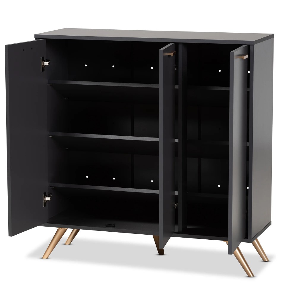 Baxton Studio Kelson Modern and Contemporary Dark Grey and Gold Finished Wood 3-Door Shoe Cabinet - Image 2