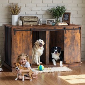 Double Dog Crate Furniture for 2 Dogs,  DOMIPET Heavy-Duty Dog Kennel TV Stand with Divider and Sliding Doors,  Large Dog Cage for Pet Cat Animals