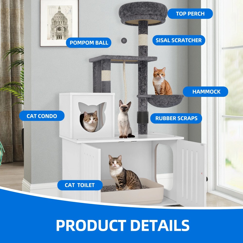 Dextrus 2-in-1 Cat Tree with Litter Box Enclosure, 53.5" Large Modern Cat Condo with Scratching Posts, Perch, Food Station, Hammocks, Scratch Post, White - Image 6