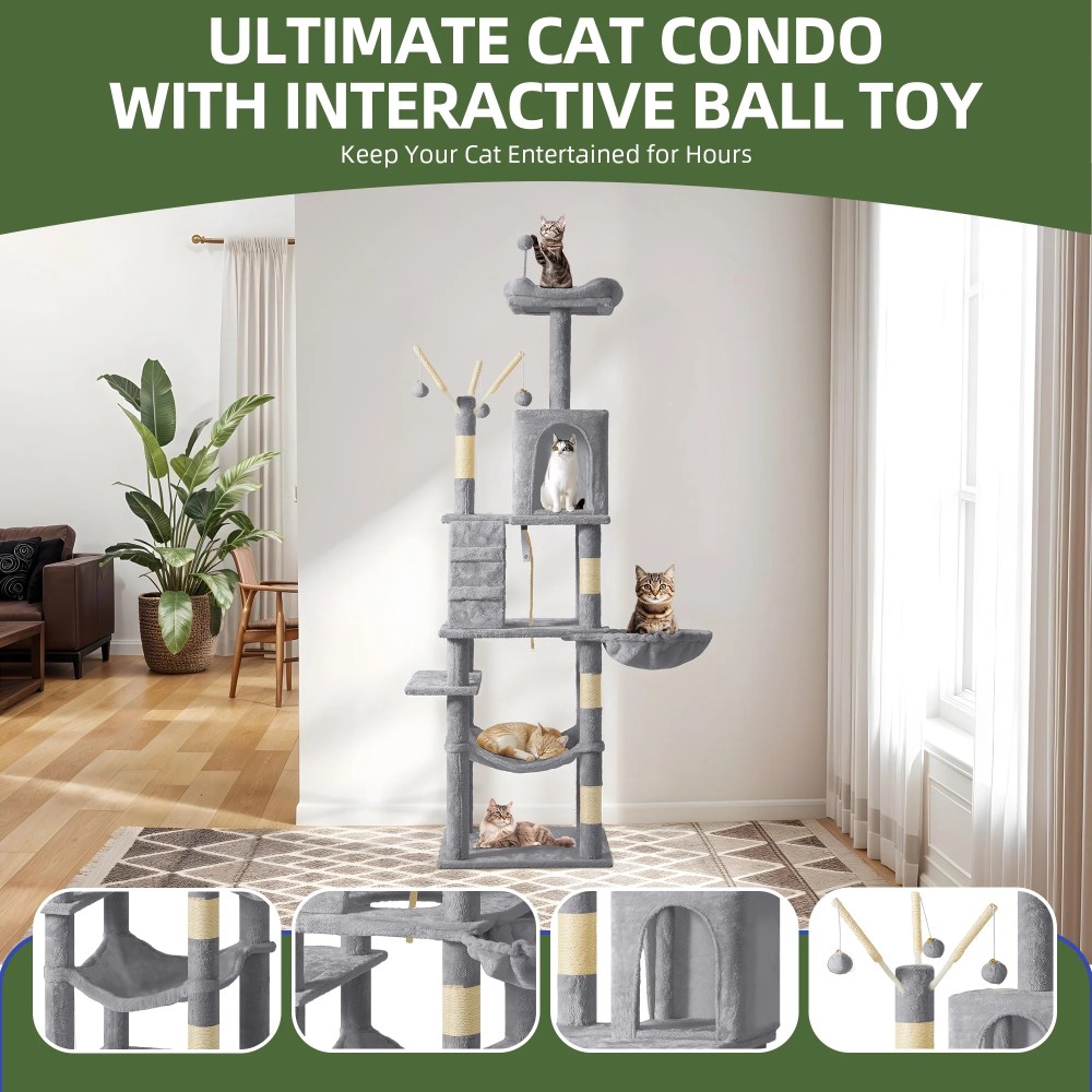 Uforic 64.5" Cat Tree Tower, Multi-Level Play Tower Condo with Scratching Posts&Perch Hammock for Indoor Cats, Light Gray - Image 7
