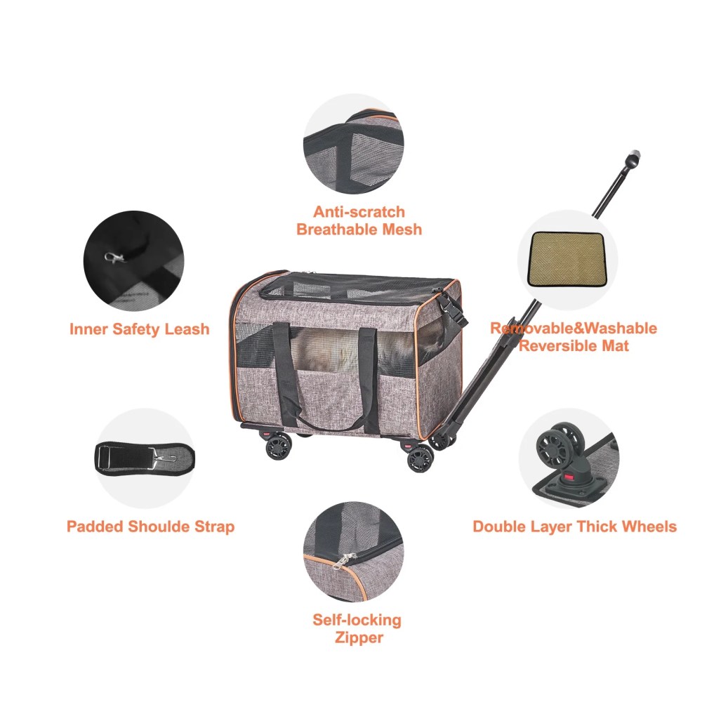 VEVOR Cat Carrier with Wheels Airline Approved Rolling Pet Carrier 22 lbs Grey for Cat Dog Small Medium Animals Kitten Puppy - Image 9