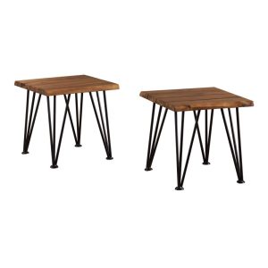 Zenith Outdoor Industrial Accent Table,Set of 2,Teak Finish,Rustic Metal