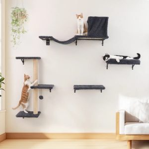 FUKUMARU Cat Wall Shelves Set,  4 in 1 Wooden Climbing Wall Furniture,  Grey
