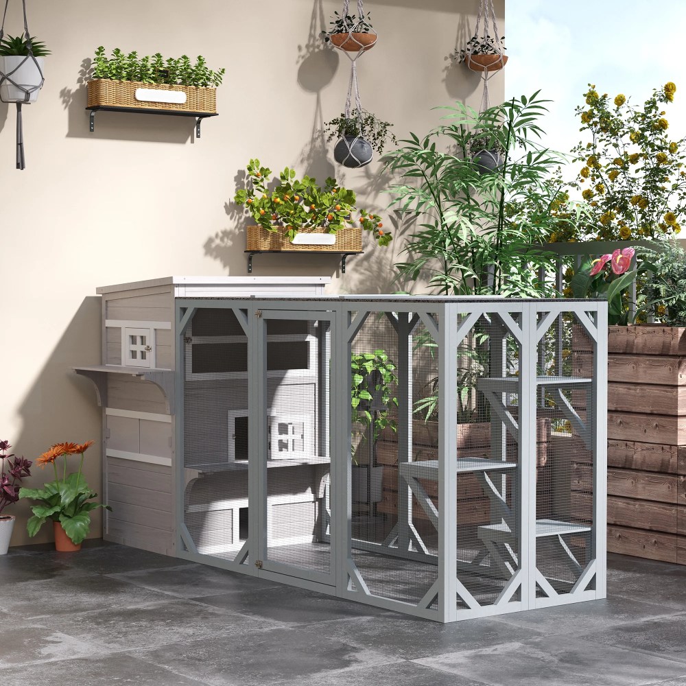 PawHut 3-Story Cat House with Raised Floor, Escape Doors, Gray - Image 3