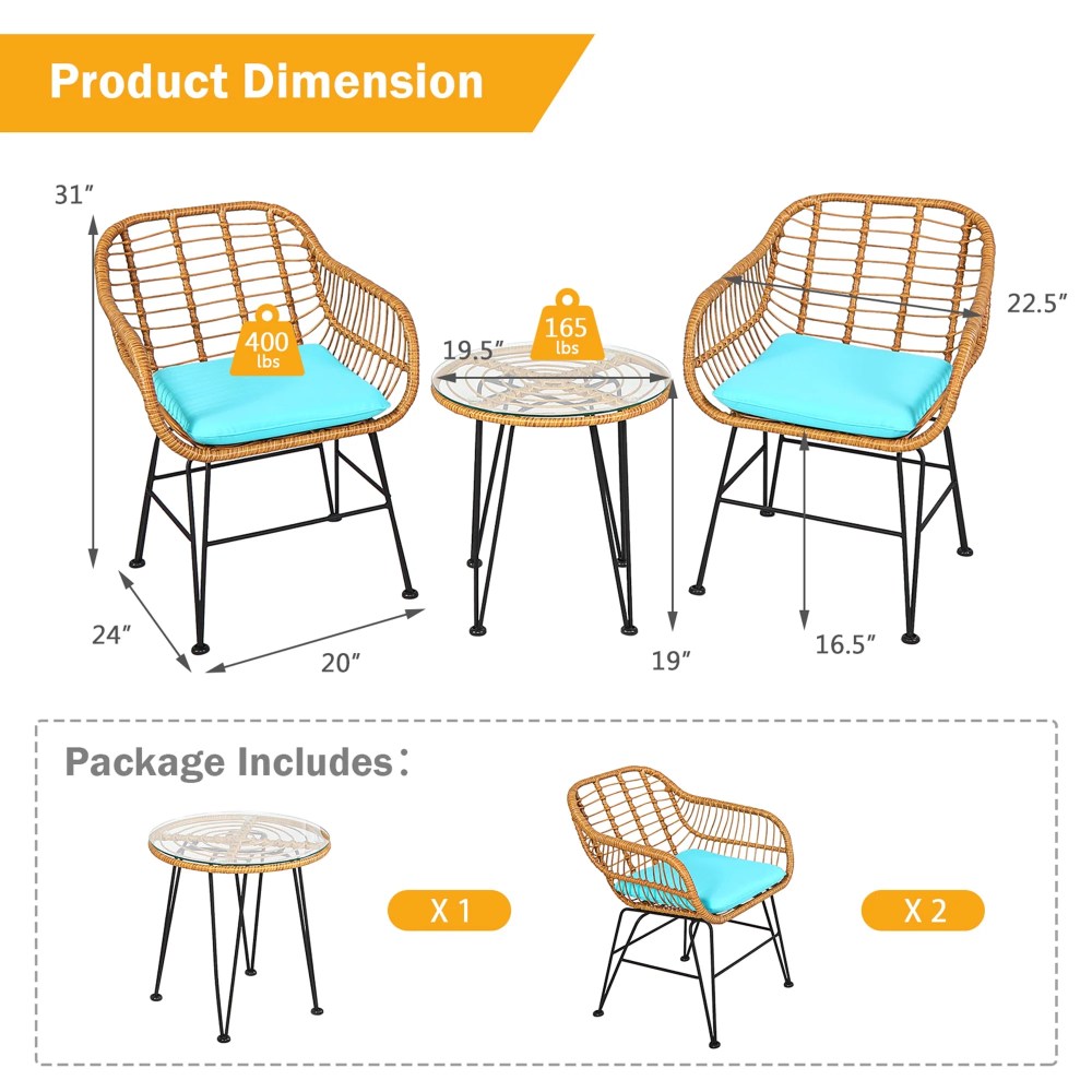 Gymax 3PCS Rattan Patio Bistro Set Conversation Furniture Set w/ Turquoise Cushions - Image 10