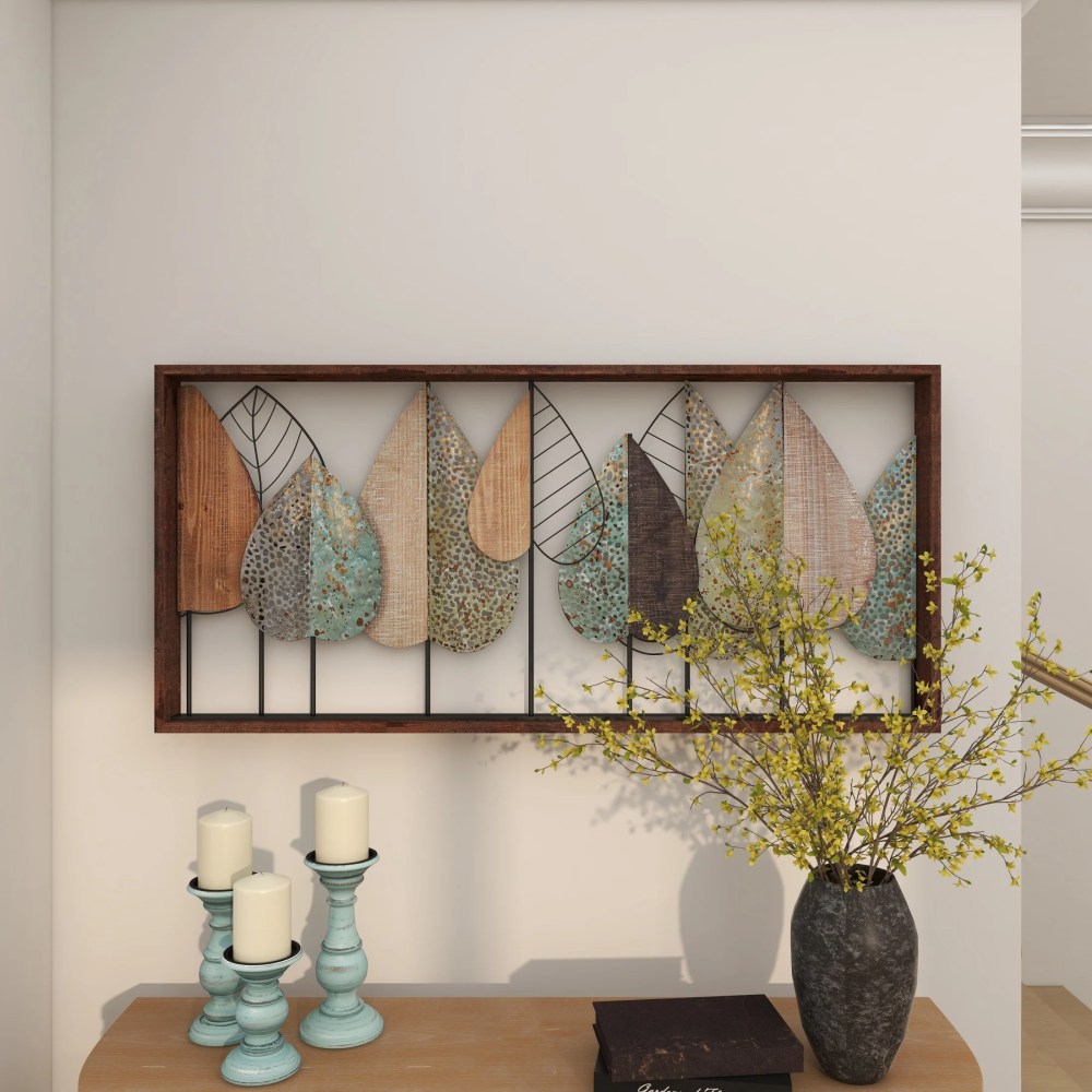 DecMode Brown Wood Cutout Leaf Wall Decor with Green and Black Metal Wire Accents - Image 13