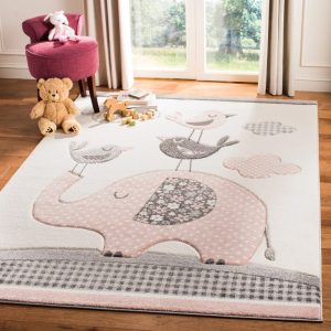 SAFAVIEH Carousel Kids Gordan Elephant and Tweets Area Rug, Pink/Ivory, 5'3" x 5'3" Square