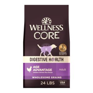 Wellness CORE Digestive Health Age Advantage Senior Dry Dog Food,  Wholesome Grain Kibble,  Sensitive Stomach,  Natural,  High Protein,  Chicken and Brown Rice Recipe,  24 lb Bag