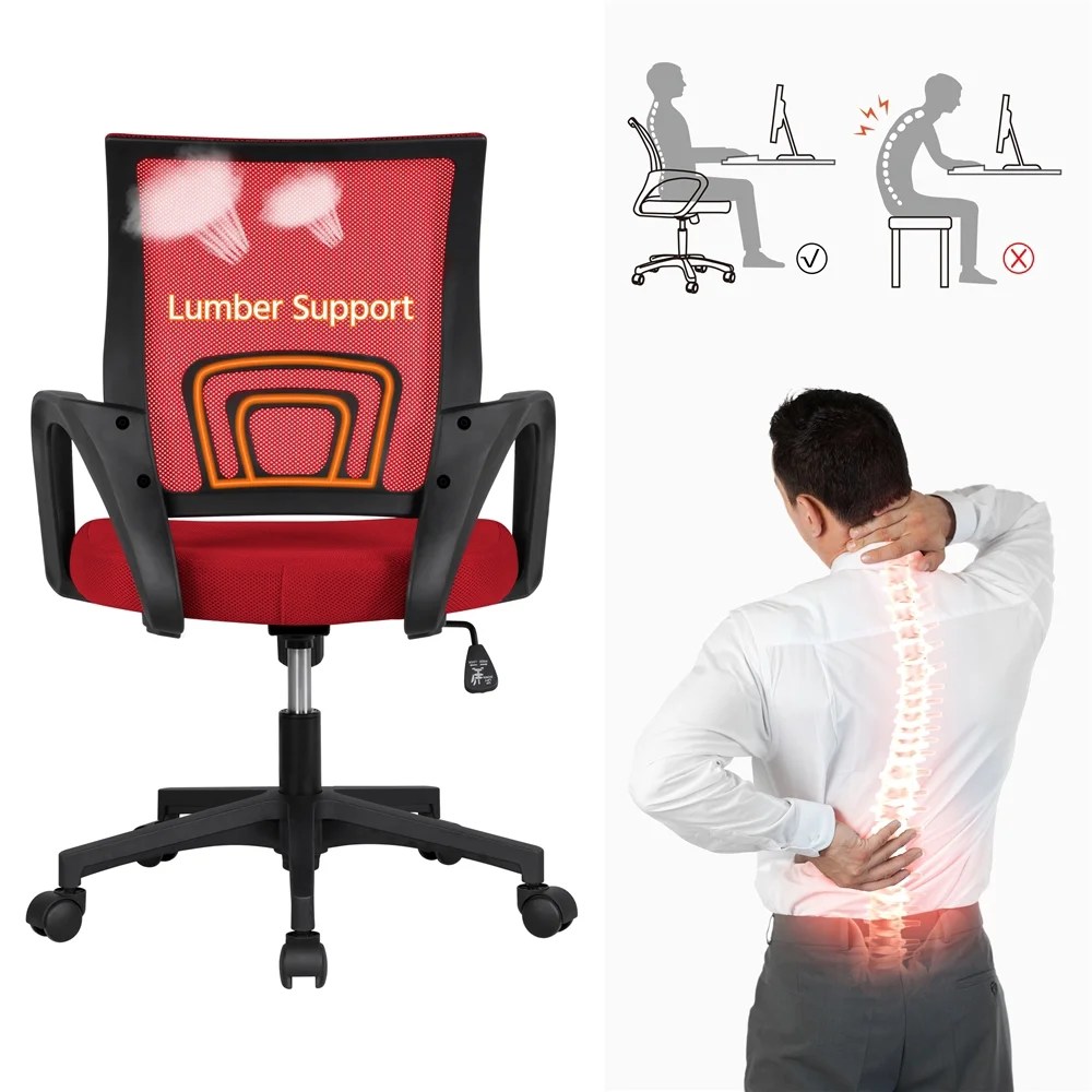 Alden Design Adjustable Mid Back Mesh Swivel Office Chair with Armrest, Set of 2, Red - Image 2