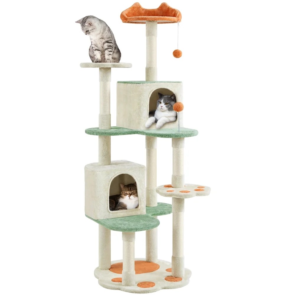 Yaheetech 65"H Cat Tree Paw-Shaped Play Tower, Beige - Image 4