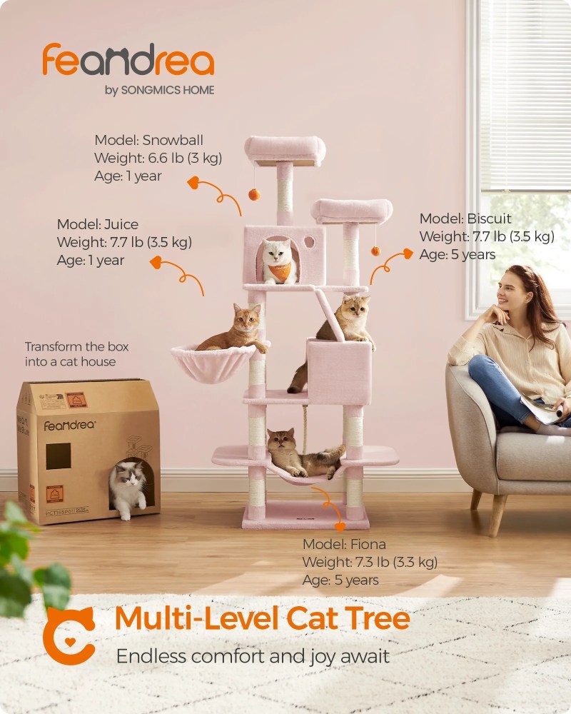 66.1"H Cat Tree Cat Tower for Indoor Cats, Plush Multi-Level Cat Condo with Scratching Posts, Perches, Caves, Hammock, Jelly Pink - Image 6