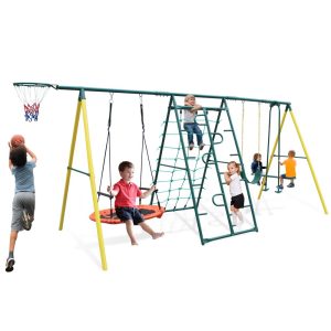 6in1 Swing Set for Outside,  Heavy Duty A-Frame Metal Swing Set with Glider,  Basketball Hoop,  Climbing Frame,  Climbing Net,  Hammock Swing and Belt Swing,  Backyard Playground Set for Kids Age 3-12