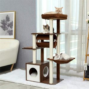 Pefilos 51" Cat Tree House for Indoor Cats Wall Cat Condo for Multiple Cats with Sisal-Covered Scratching Posts and Cooling mat for Kitten Light Cat Trees and Towers for Large Cats,  Brown
