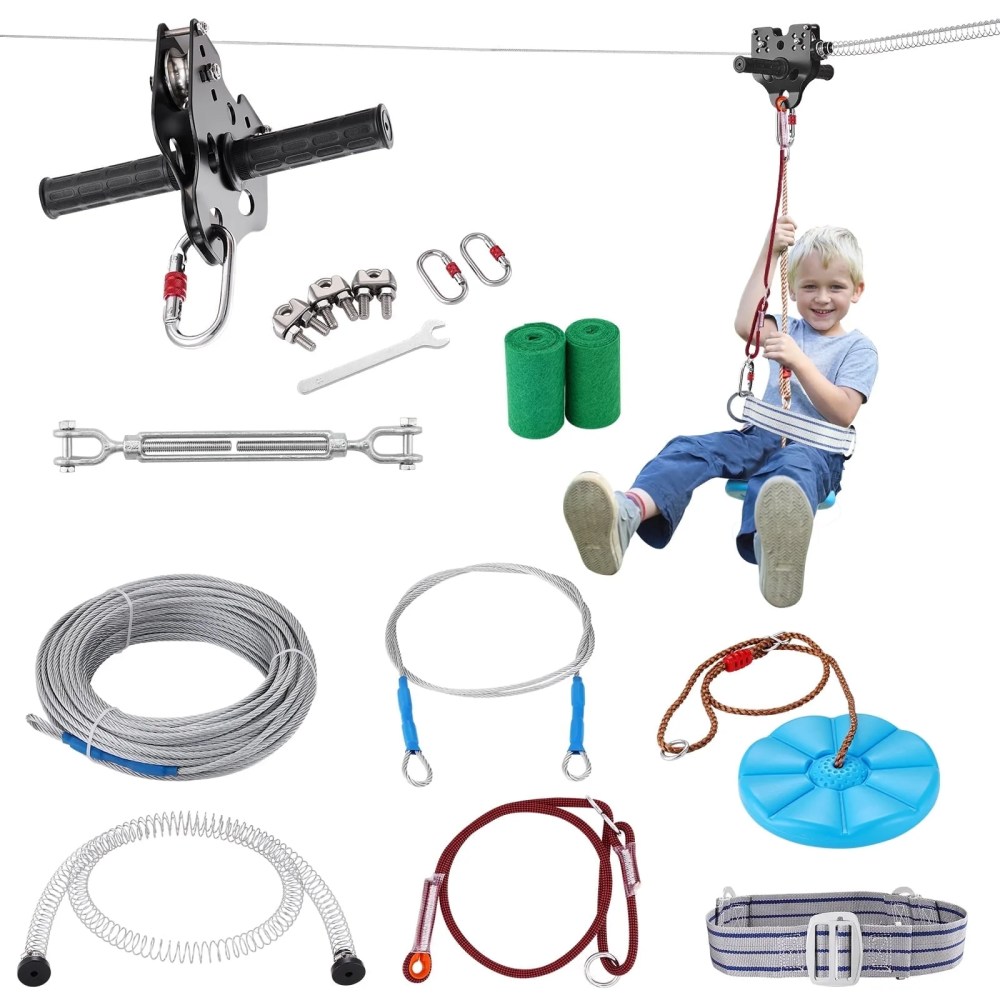 VEVOR Zipline Kit for Kids and Adult, 160 ft Zip Line Kits Up to 330 lb, Backyard Outdoor Quick Setup Zipline, Playground Entertainment with Stainless Steel Zipline, Spring Brake, Safety Harness,