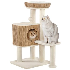 Yaheetech 35.8" Tall Rattan Cat Tree with Woven Condo and Nest,  Beige