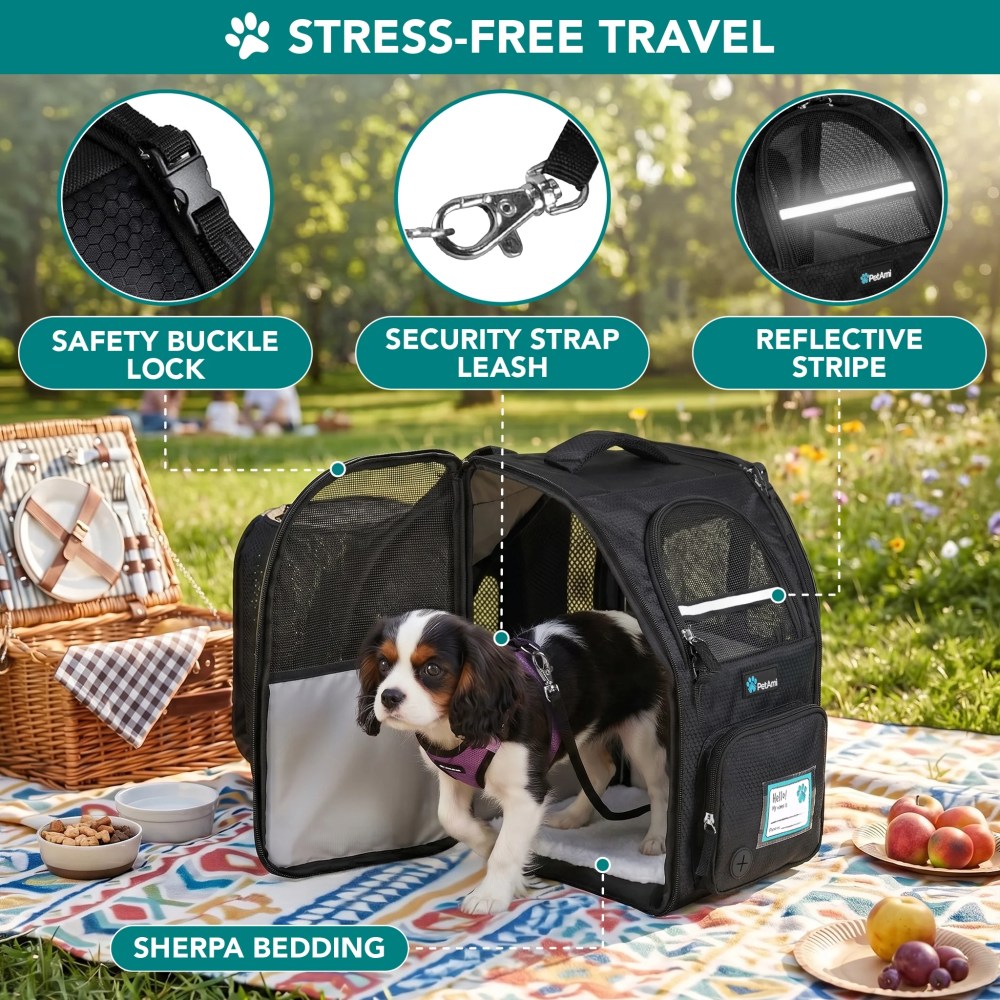 PetAmi Expandable Dog Backpack Carrier for Cats & Pets, Breathable Cat Carrier Backpack with Top Window & Multi-Entry, Ventilated Foldable Travel Carrier for Small Medium Pets up to 18 lbs, Black - Image 7