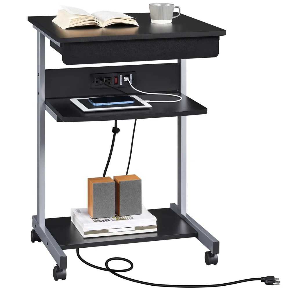 Alden Design 22in Rolling Laptop Computer Table with Power Outlet for Home,Black