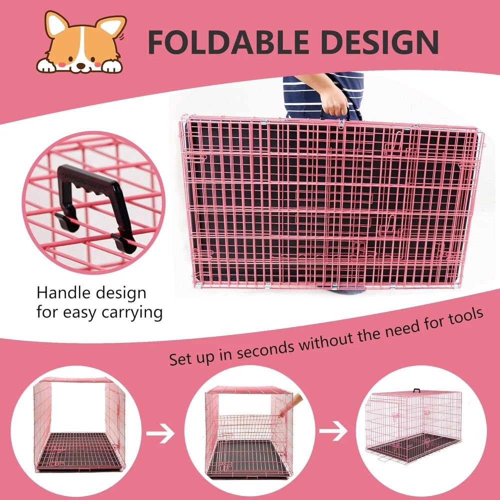 Dog Crates for Large Dogs 48 Inch Folding Mental Wire Crates Outdoor and Indoor Pet Dog Cage with Double-Door, Divider Panel, Removable Tray, Pink - Image 4