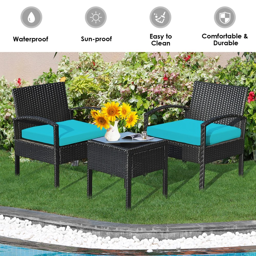 Gymax 3PCS Patio Rattan Conversation Furniture Set Outdoor Yard w/ Turquoise Cushions - Image 7