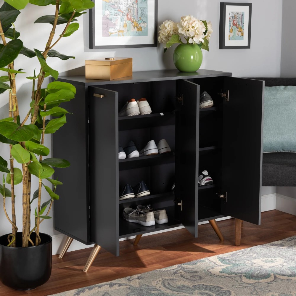 Baxton Studio Kelson Modern and Contemporary Dark Grey and Gold Finished Wood 3-Door Shoe Cabinet - Image 9