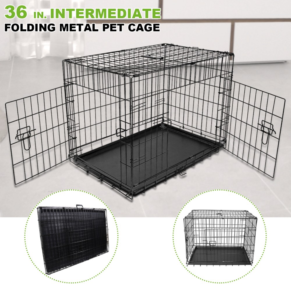 Geniqua Intermediate Black 36" 2-Dr Folding Pet Crate Cage Dog Cat Kennel Pen ABS Tray - Image 7