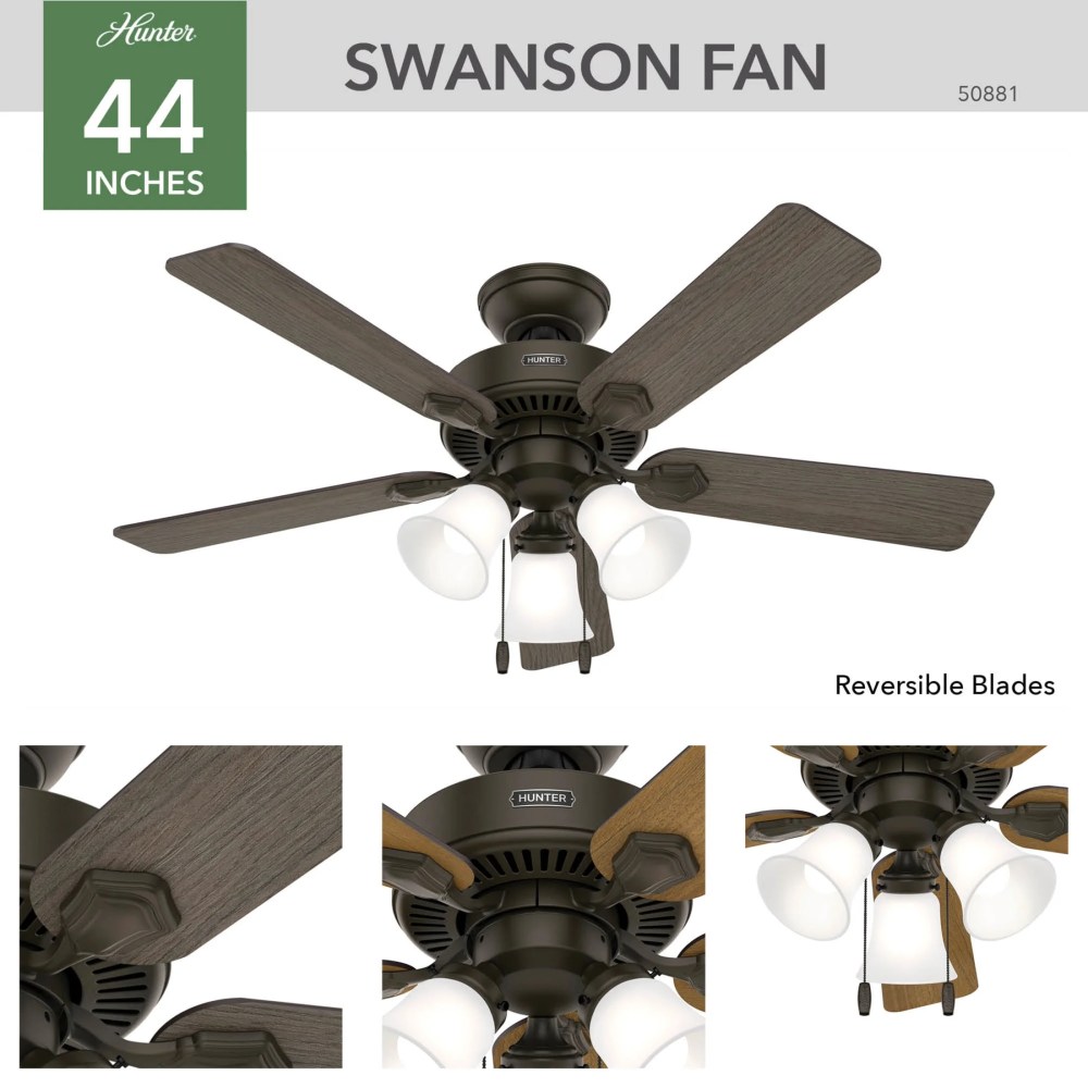 Hunter - Swanson Indoor Ceiling Fan With Light, 44-inch, New Bronze, Traditional-style, 3-speed WhisperWind Motor, 50881, for living rooms, bedrooms, home offices, kitchens - Image 11