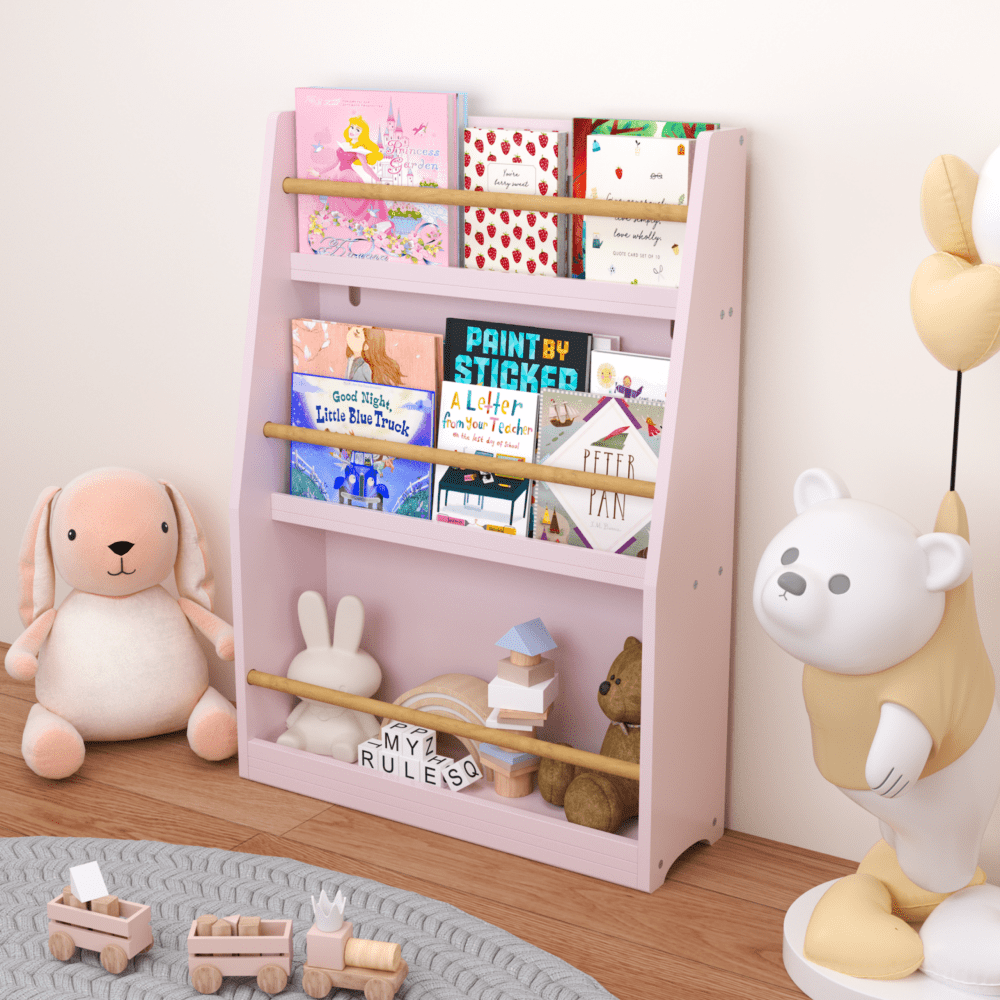 Yoneston Kids 3-Tier Bookcase with Wood Rails,Children's Standing Display Bookshelf for Playroom,Bedroom,Nursery,Pink