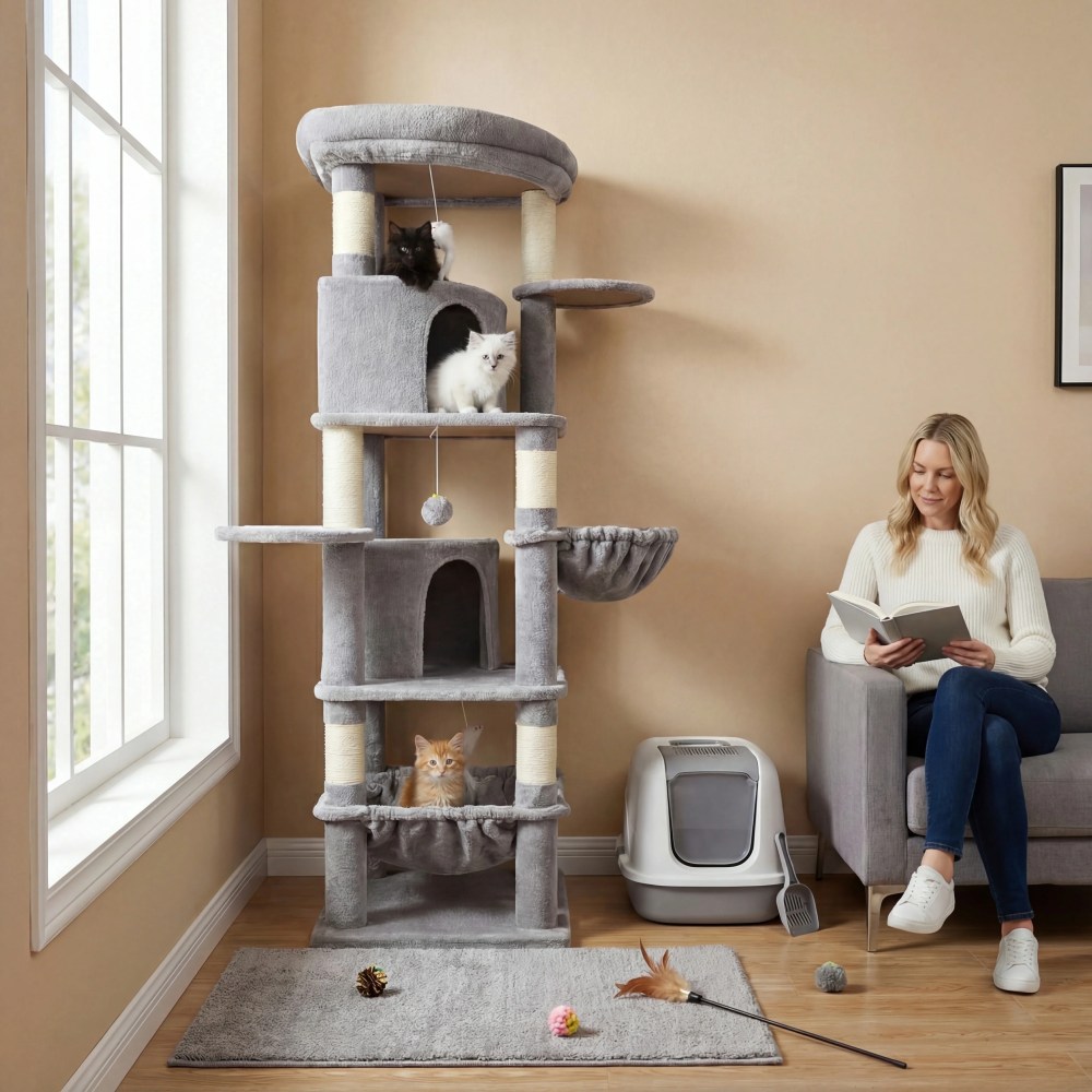 Globlazer 68" XL Corner Cat Tree Tower Condo for Large Cats - 6 Sisal Scratching Posts, 2 Condos, Hammock & Hanging Basket, Light Grey - Image 9