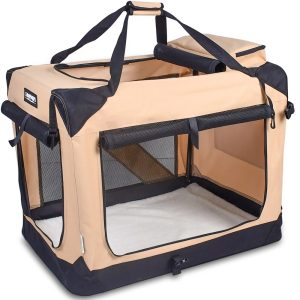 JESPET: 36" Soft Pet Crate - Beige - Dogs & Cats Up to 70 lbs,  3 Door Folding Kennel,  Indoor Outdoor Travel Carrier,  Mesh Windows,  Fleece Mat,  GooPaws