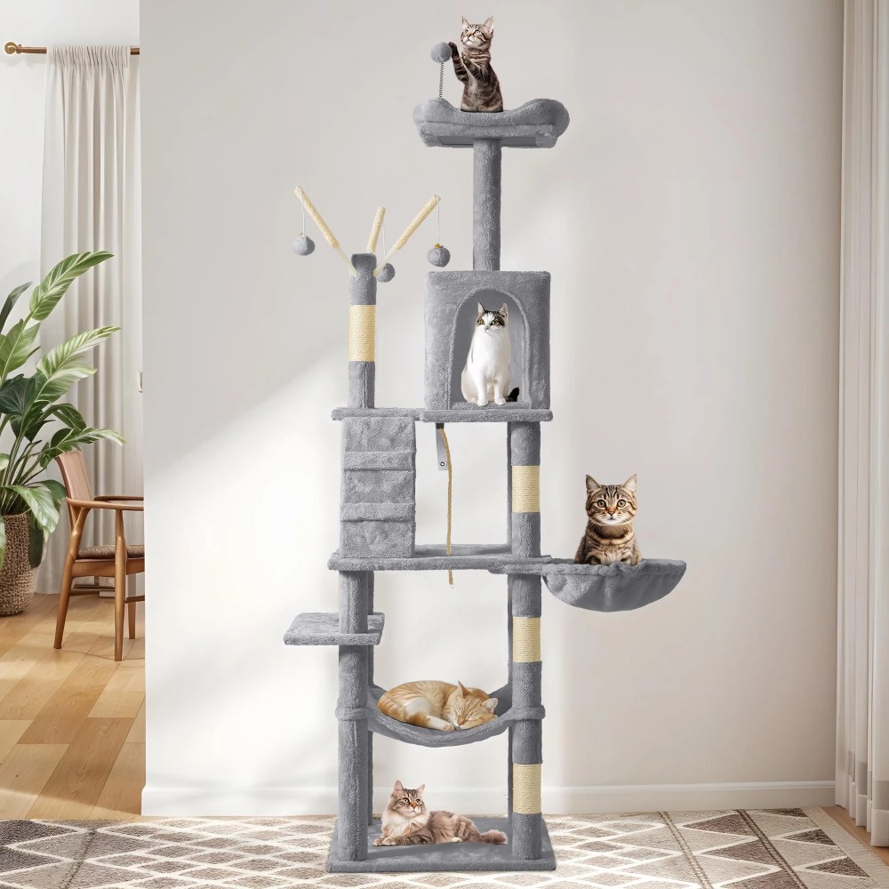 Uforic 64.5" Cat Tree Tower, Multi-Level Play Tower Condo with Scratching Posts&Perch Hammock for Indoor Cats, Light Gray - Image 4