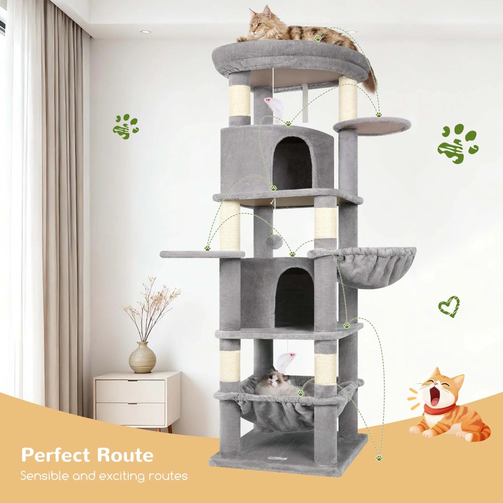 Globlazer 68" XL Corner Cat Tree Tower Condo for Large Cats - 6 Sisal Scratching Posts, 2 Condos, Hammock & Hanging Basket, Light Grey - Image 5