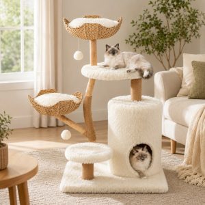 Erinnyees Cat Tower,  Modern Cat Tree 2 Cat Condos,  2 Spacious Wicker Baskets with Cushions and 2 Perches,  Natural Solid Wood Scratching Post,  Real Branch Cat Furniture,  Pompoms, White Aesthetic D