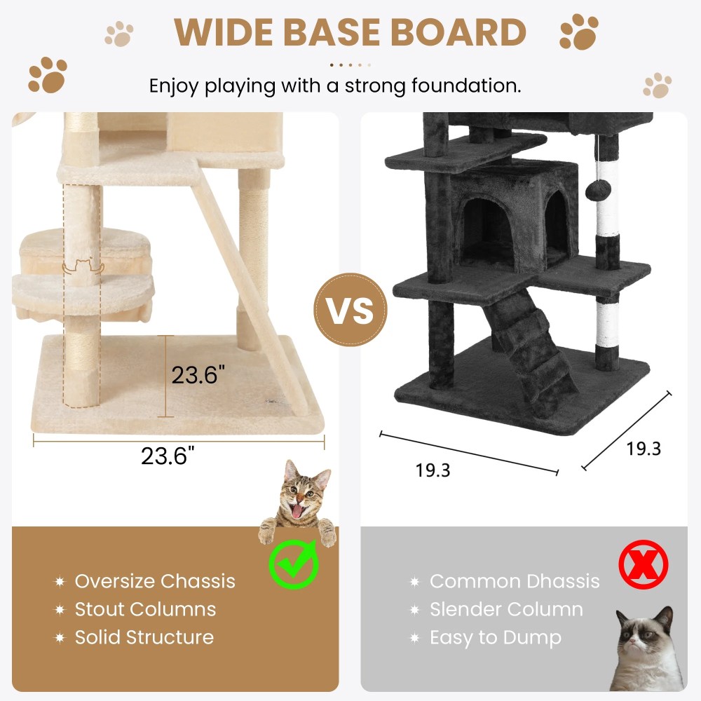 Merrland 65.7 " Large Cat Tree Tower Condo for Cats with 2 Scratching Ramps, Hammock & Scratching Posts, Beige - Image 7
