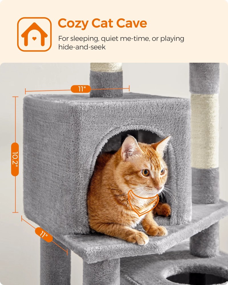 61"H Cat Tree Cat Tower for Indoor Cats, Plush Multi-Level Cat Condo with Scratching Posts, Perches, Caves, Hammock, Light Gray - Image 3