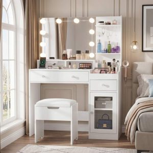 39.8" White Vanity Desk with Mirror and Lights,Modern Makeup Table with Charging Station and Storage