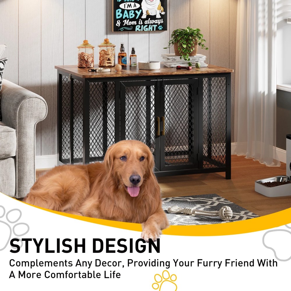 48" Dog Crate Furniture, Heavy Duty Dog Cage, Indoor Kennel, End Side Table Animal Crates with Doors for Medium Large Dog Cage, Anti-Chew Anti-Escape, Rustic Brown, 118.5 78 82.5Cm - Image 5