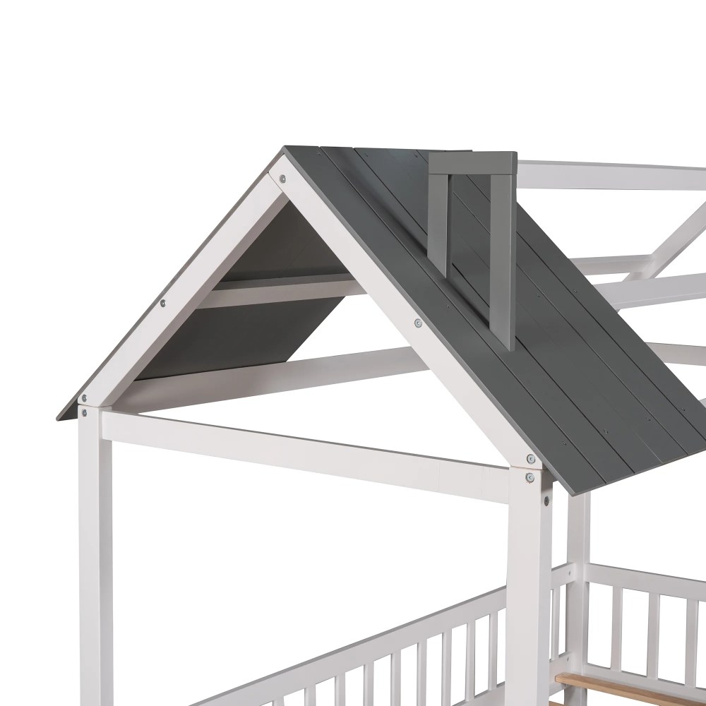 Aukfa Twin House Bed with Fence and Roof, Wood Montessori Bed for Kids, Teens - White/Gray - Image 8