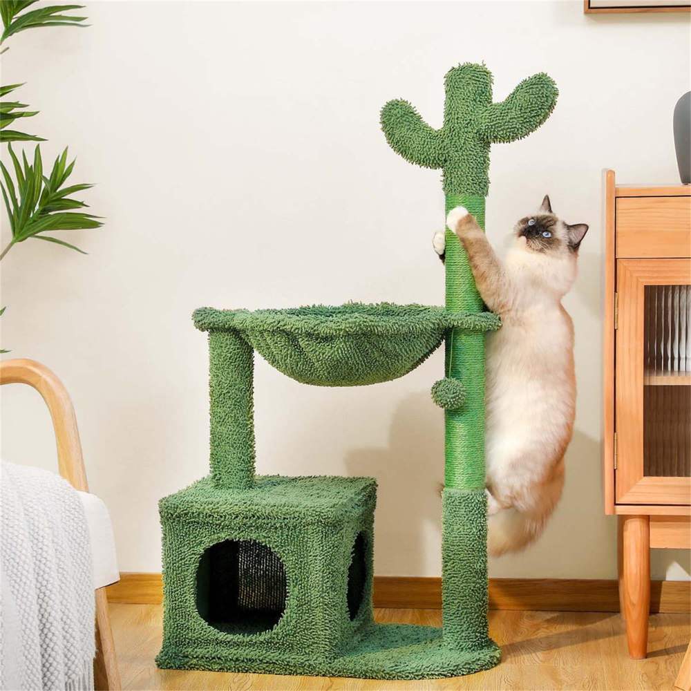 Pefilos 39" Cactus Cat Tree Tower with Sisal Covered Scratching Post, Cozy Condo with Fluffy Balls, Indoor Cat Condo for Multiple Cats, Green