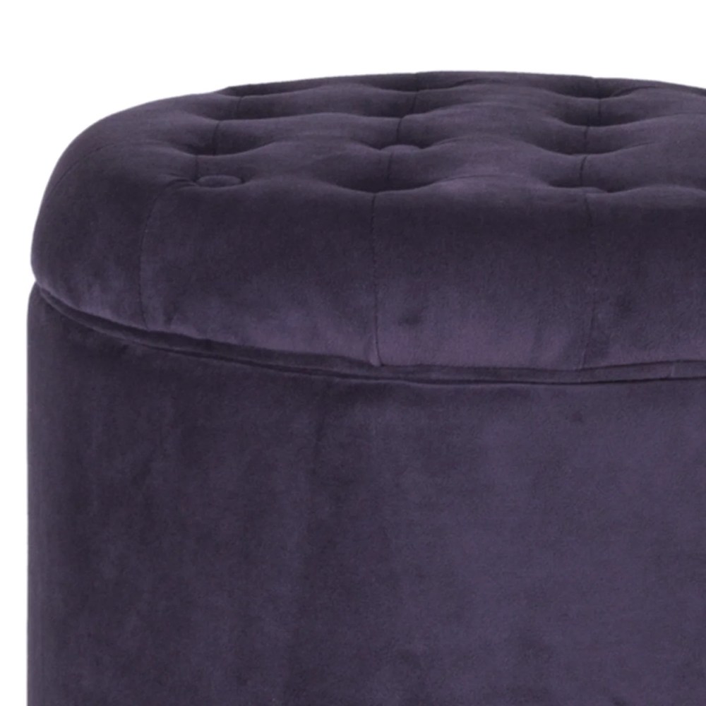 Button Tufted Velvet Upholstered Wooden Ottoman with Hidden Storage Purple and Brown - Saltoro Sherpi - Image 3