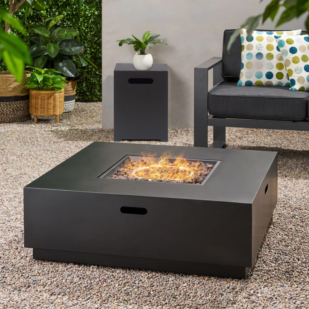 Outdoor Iron 40 Inch Square Fire Pit - 50, 000 BTU, Dark Grey