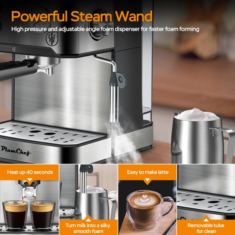 Plum Chef 20 Bar Espresso Machine with Built-in Pressure Gauge, Professional Coffee Maker for Cappuccino & Latte, ESE POD Compatible, 1.5L Water Tank, Stainless Steel, 950W - Image 5