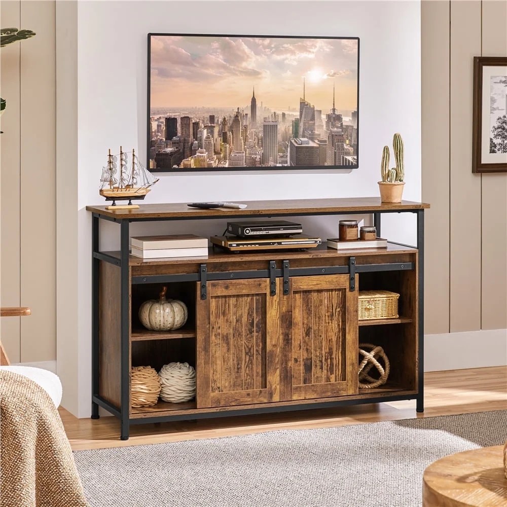 Yaheetech Industrial TV Cabinet with Sliding Barn Doors for 55-inch TV,Rustic Brown