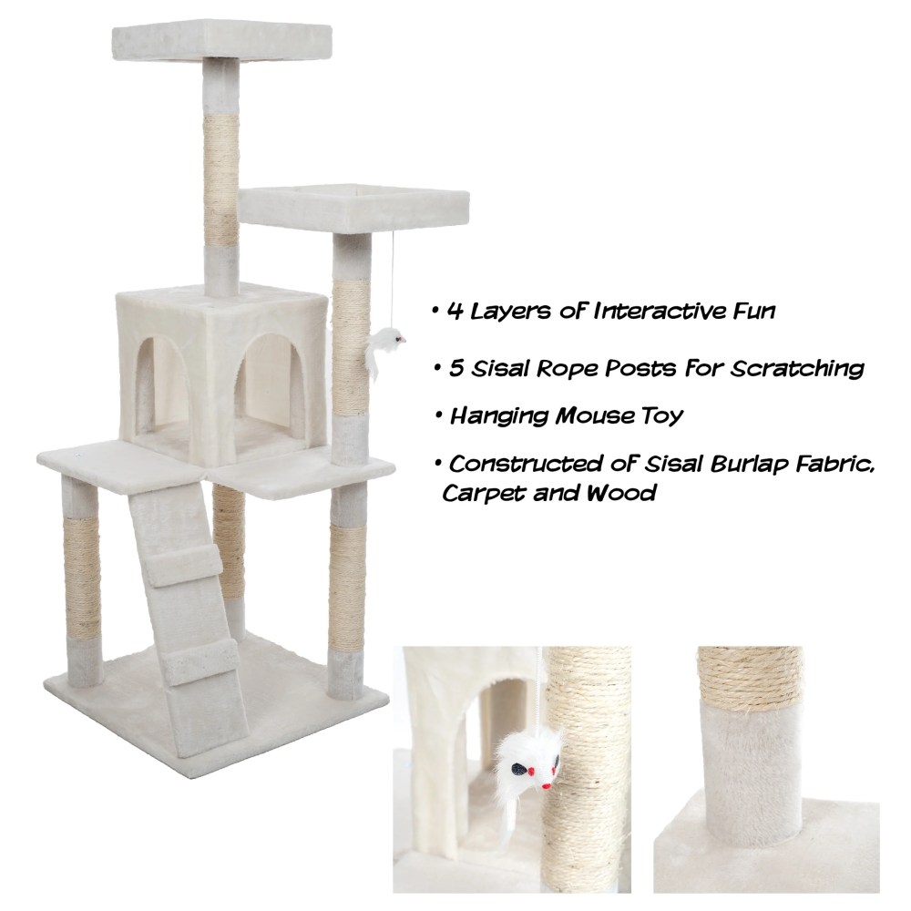 PETMAKER Cat Tree with 2 Perches, Condo, 5 Scratch Posts, and Toy (White) - Image 5