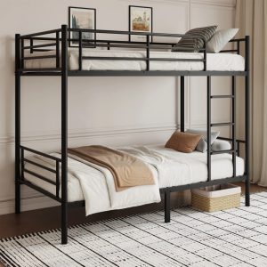 Capri Metal Twin over Twin Size Bunk Bed Frame with 10.63" Under-Bed Storage & Stairs & Full-Length Guardrail,Noise Free,Heavy-duty,Black