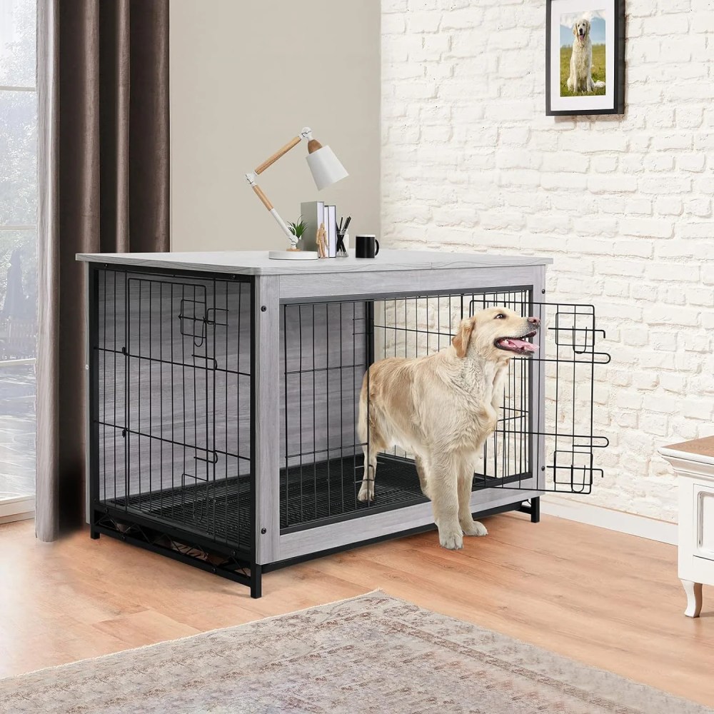LAZY BUDDY Dog Crate Furniture, Large Dog Kennel Wooden Pet Furniture with Pull-Out Tray, Double Doors, 44.1 "L x 29.5 "W x 32.3 "H (Gray) - Image 8