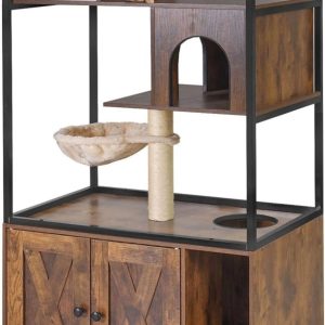 Aivituvin Cat Litter Box Enclosure,  Litter Box Furniture Hidden,  Wooden Cat Washroom Furniture,  Indoor Cat House with Condo,  Hammock,  Scratching Mat and Storage Shelves