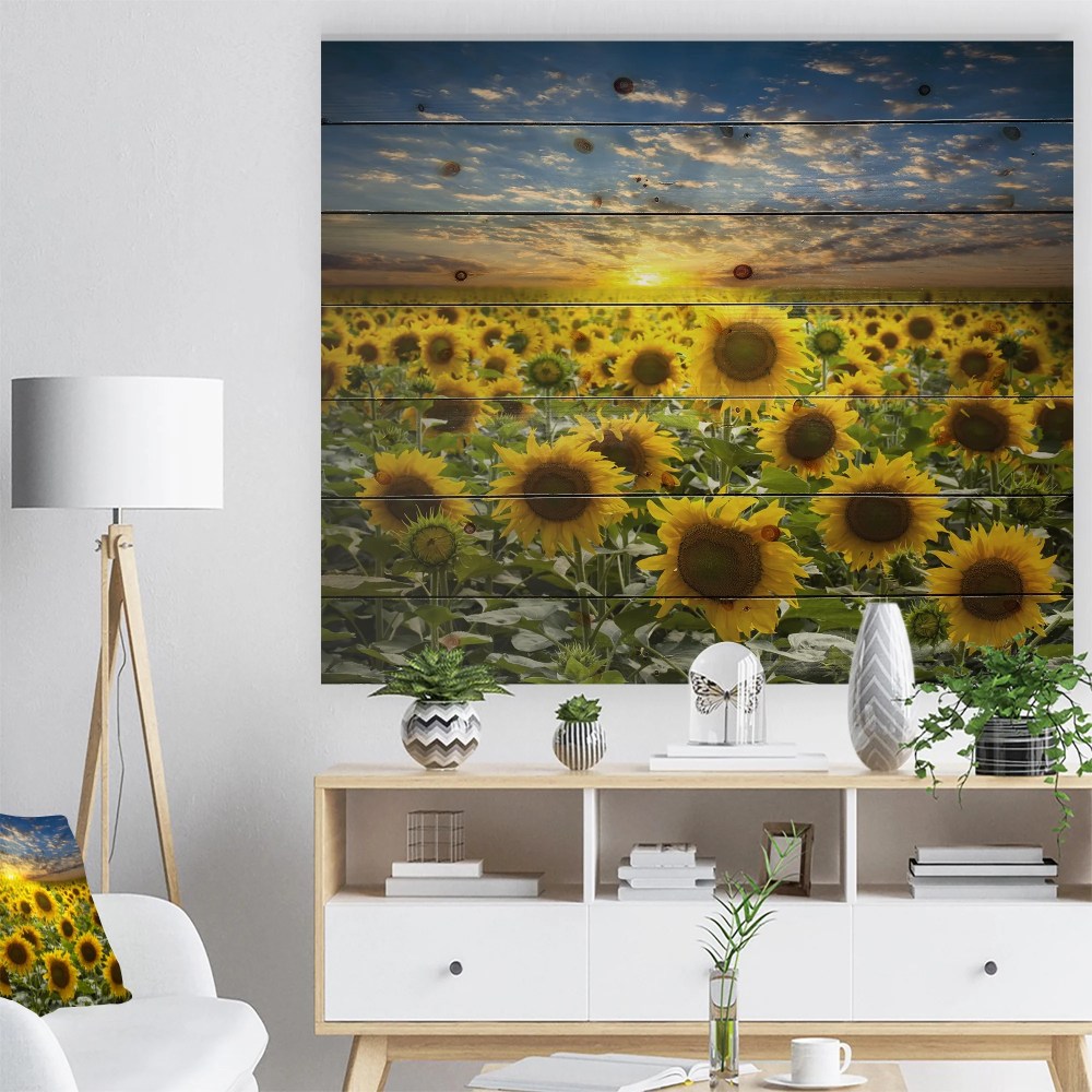 Designart 'Field of Blooming Sunflowers ' Floral Print on Natural Pine Wood - Image 3