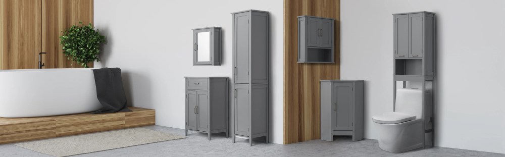 Teamson Home Mercer Freestanding Two-Door Floor Storage Accent Cabinet with Top Drawer, Gray - Image 2