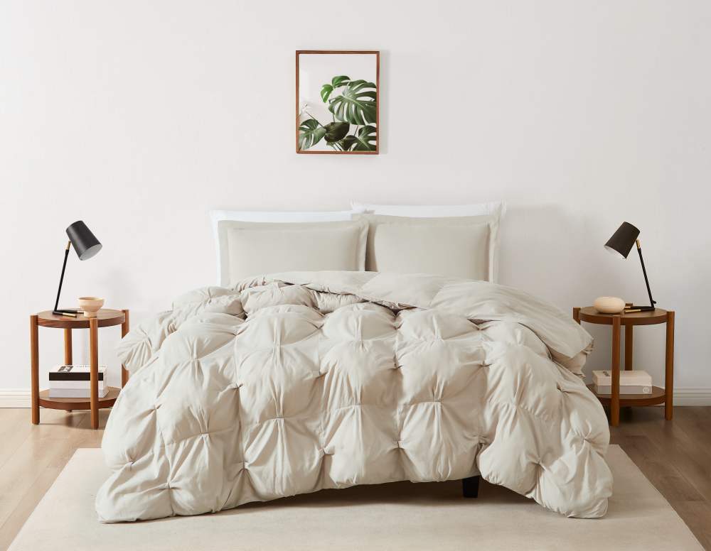Truly Soft Cloud Puffer Boxed Pleat 100 Microfiber Polyester Beige 2-Piece Twin Comforter Set, Solid Casual themed, Adult Bedding, OEKO-TEX Certified